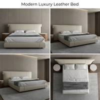 Cadre de lit king size moderne et luxueux, lit plateforme minimaliste rembourré en tissu crème avec éclairage intégré dans la tête de lit