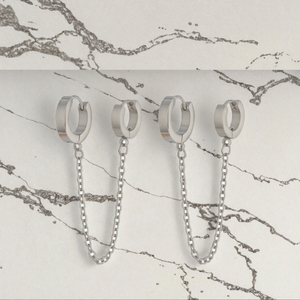Pendientes Colgantes Minimalistas de Doble Aro de Acero Inoxidable, Tono Plateado, Joyería Geométrica Tipo Huggie para Mujer, para Fiestas, CALIDAD - Product Image 3