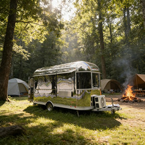 Remorque de restauration à roue unique, finition miroir, design arrondi, pour la vente de snacks et de boissons en zone côtière, avec structure étanche - Product Image 4