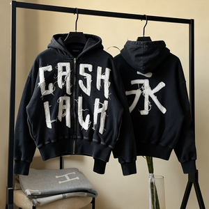 Felpa con cappuccio da <span class=keywords><strong>uomo</strong></span> nera vintage lavata con zip intera, patch Cash Talk e lettere con caratteri cinesi sul retro, oversize, stile streetwear - Product Image 3