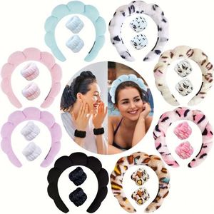 Ensemble de bandeaux en tissu éponge tressé effet nuage, bandeau en éponge à couronne haute avec sangle de poignet pour le lavage du visage, le maquillage, le spa, cadeau unisexe - Product Image 4