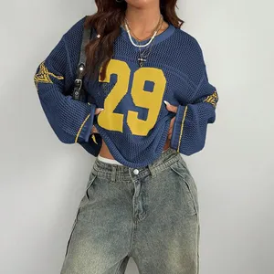 Tùy Chỉnh Thiết Kế Logo Của Phụ Nữ Crochet Knit Áo Sơ Mi Với Sọc Số In, OEM Quá Khổ Jersey Cover-up Áo Len Cho Cửa Hàng - Product Image 3