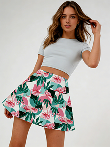 Jupe skater taille haute pour femme à imprimé flamant rose - Mini-jupe légère coupe trapèze avec motifs feuilles tropicales et formes géométriques - Product Image 5