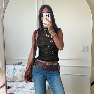 Knitted <b>Sequin</b> Cut-Out Sleeveless Short <b>Top</b> Zipper Front Club Party Vest Summer High Quality Women's Cami - Product Image 2