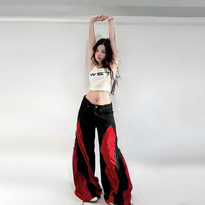 Pantalon baggy streetwear en toile respirante avec panneaux color block - Taille basse, silhouette oversize, fermeture éclair, automne - Product Image 3