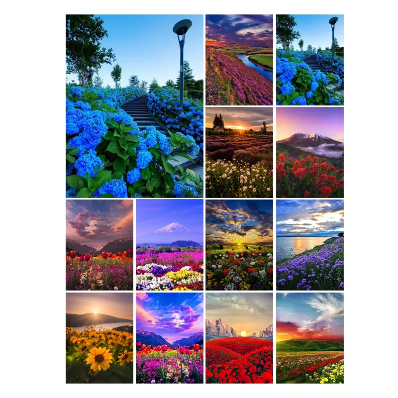 Natural Landscape Mosaic Painting Diamond Art Cross Stitch Kit Flowers Sunset Lake Mountain DIY Full Diamond Embroidery Decor