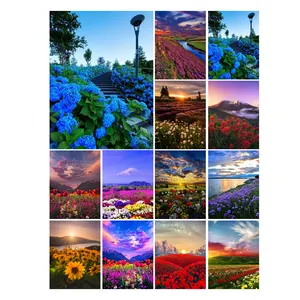 Natural Landscape Mosaic Painting Diamond Art Cross Stitch Kit Flowers Sunset Lake Mountain DIY Full Diamond Embroidery Decor