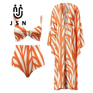 JSN 2023 New Vintage Color block Print Swimsuit Set for Women Strip Print Beachwear Swimwear High Waist Bathing Suit