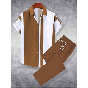 Lässiges gestreiftes Kurzarmhemd mit langer Hose Herrenbekleidung 2-teiliges Set Mode - Product Image 1
