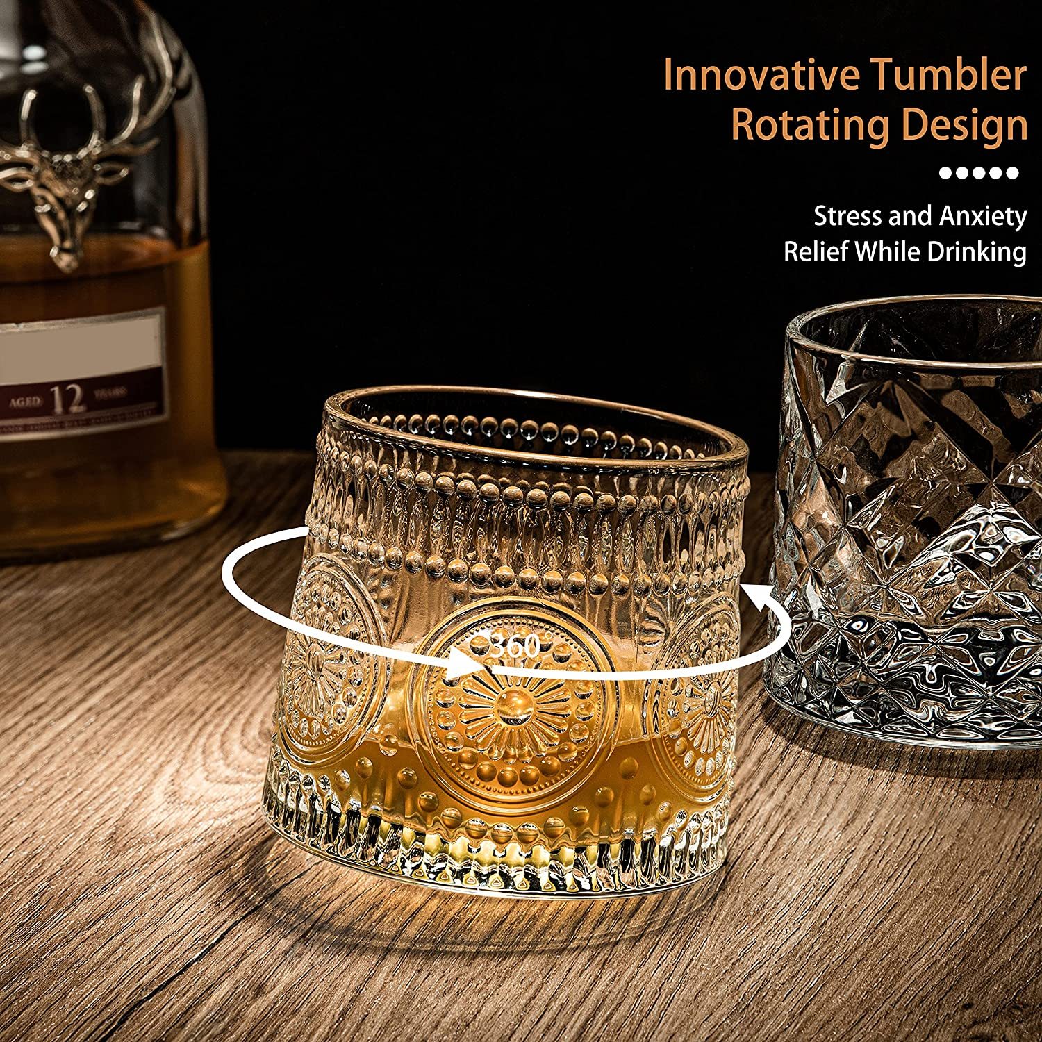 Rotating Whiskey Glasses 10.8 oz Set of 2 Spinning Swirling Drinking Glasses Stress Tumbler