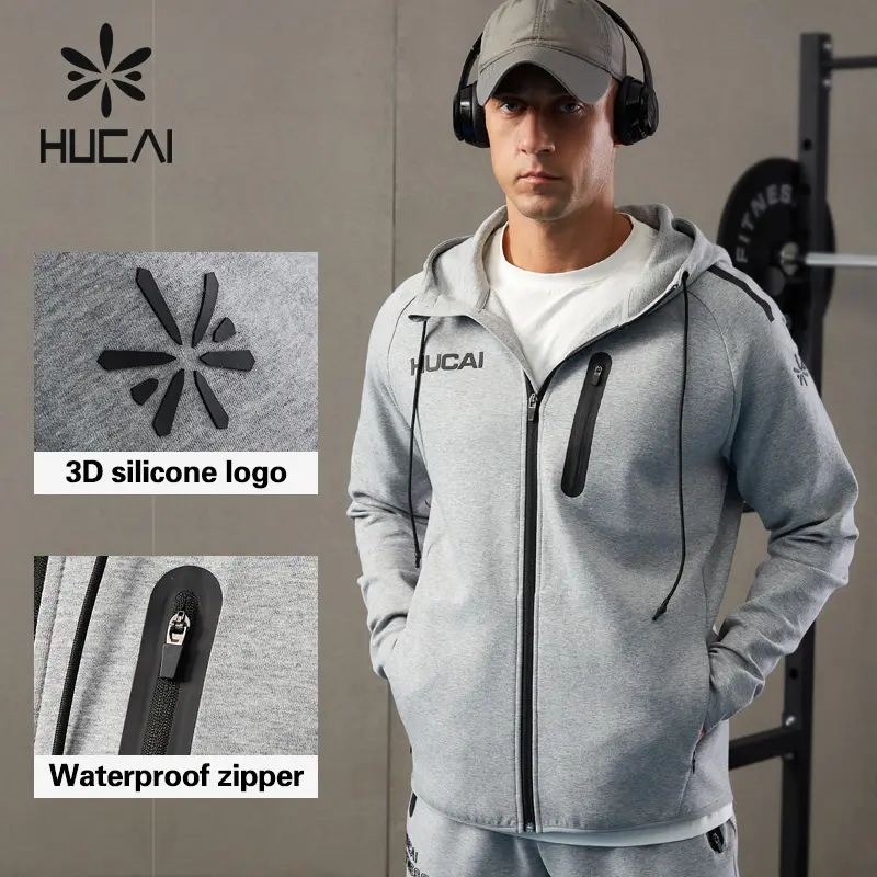 HUCAI fabricantes personalizados Air Cotton silicona impresión logo polar invisible zip up Sudadera con capucha entrenamiento gimnasio chaqueta deportiva para hombres