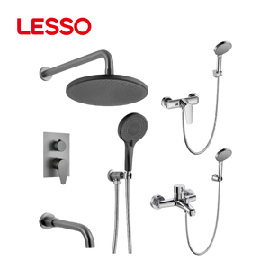 Set <span class=keywords><strong>Doccia</strong></span> Moderno a Parete LESSO in Ottone e Acciaio Inossidabile, Completo di Soffione e Rubinetto con Miscelatore Acqua Calda/Fredda - Product Image 5