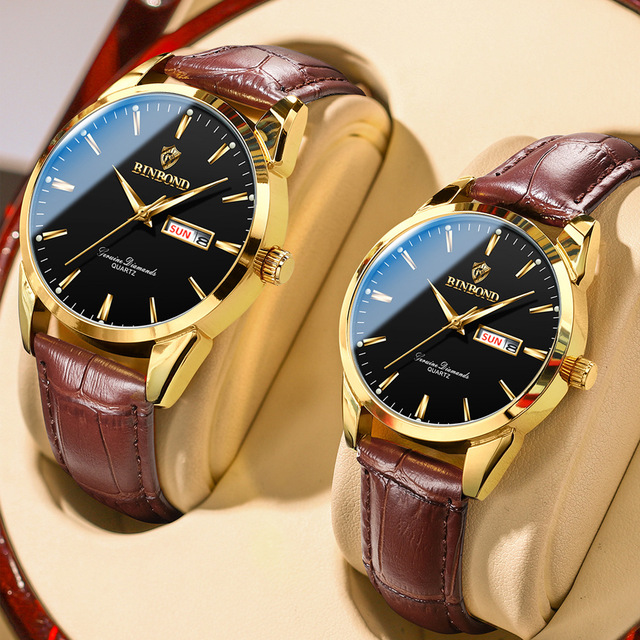 BINBOND B2238 Luxury Business Quartz Watch Men Women Waterproof Leather Band Buckle Clasp Couple Calendar Elegant Wristwatches