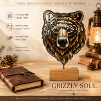 Sculpture artisanale en verre teinté Ours Grizzly, Ornement de cabane, Base en bois massif naturel, 7,48 pouces, Ambre DAKON