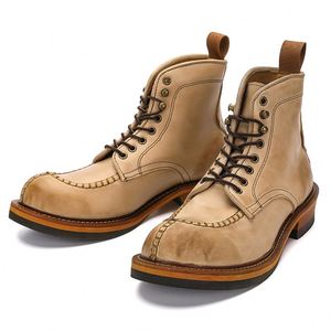 New Men's Winter-<b>Spring</b> Vintage Outdoor Work <b>Boots</b> Made of Genuine Leather with Laces Ankle Height and Cowhide for Trekking - Product Image 1