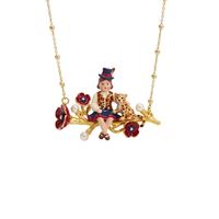 Collier Pendentif Vintage Doré Thème Conte de Fées, Breloque Chat Léopard, Fille Musicienne, Fleur Émaillée, Perle et Pompon, Bijou