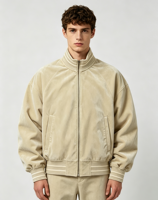 Blouson Bomber en Velours Haut de Gamme OEM ODM pour Homme, Col Côtelé Multi-Rayures, Manches Raglan, Veste de Sport Vierge pour Logo Brodé