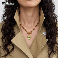 Collier Cœur Œil de Chat Vert Rétro Withher Ins en Acier Inoxydable Plaqué Or 18K – Bijoux Tendance pour Femme – Vente en Gros