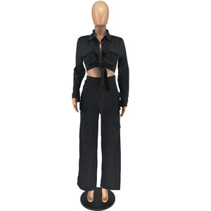 Nouveauté femmes 2 pièces haut court <span class=keywords><strong>Cargo</strong></span> pantalon à jambes larges ensemble de jogging poche vierge tenue deux pièces ensembles vêtements pour femmes automne 2023 - Product Image 5