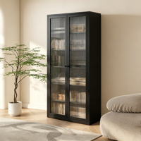Meuble de rangement en acier noir à double porte, vitrine supérieure en verre et bibliothèque inférieure solide autoportante pour bureau à domicile