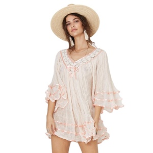 Mini <span class=keywords><strong>Vestido</strong></span> de playa de <span class=keywords><strong>encaje</strong></span> túnica de algodón de manga de campana de lino de ganchillo - Product Image 1