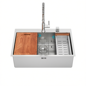 Évier de cuisine encastrable à cuve unique 33x22 pouces en acier inoxydable de calibre 16, surface brossée, poste de travail multifonctionnel - Product Image 1