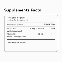 Dismok – Gélules végétaliennes de Vitamine D3 + K2 MK7 1000 UI – Complément alimentaire pour la santé osseuse et l'énergie – Approvisionnement direct usine – 60 gélules