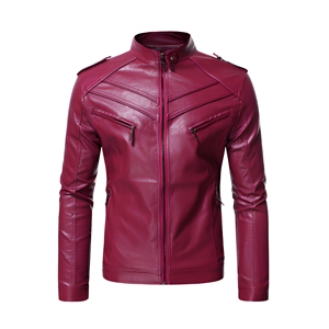 Custom Crimson Red <b>Faux</b> <b>Leather</b> Motorcycle <b>Jacket</b> <b>Men</b> Zip Pockets Stand Collar Wholesale Bulk OEM Private Label USA Buyers Top - Product Image 1
