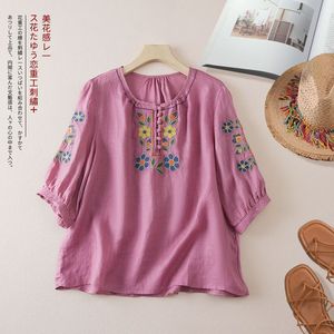 Light Blue Embroidered Cotton <b>Linen</b> <b>Top</b> Women Mid Sleeve Round Neck Button Detail Summer Casual Wear - Product Image 2