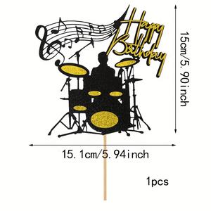 Decorazione per Torta a Tema Musicale, Topper Glitterato con Chitarra, Batteria, Simboli Musicali, Note Musicali, Decorazioni per Torte da Musicista - Product Image 2
