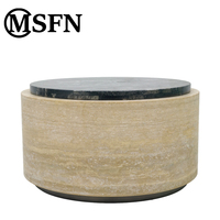 Table basse Wabi Sabi durable en travertin naturel avec base cylindrique et plateau rotatif en marbre noir pour salon/villa/hall d'hôtel