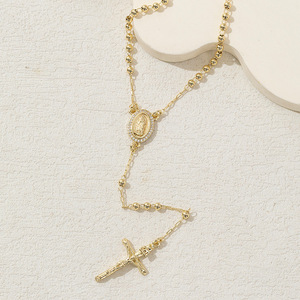 Collier chapelet vintage en cuivre, chaîne à billes dorées, pendentif ovale Médaille <span class=keywords><strong>Marie</strong></span> et Crucifix <span class=keywords><strong>pour</strong></span> femme, <span class=keywords><strong>pour</strong></span> Baptême, Confirmation, Prière - Product Image 3