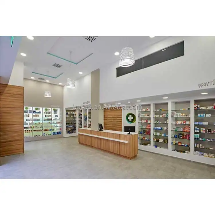 Estantes de madera personalizados para tienda de farmacia, accesorios de tienda médica, muebles de diseño Interior