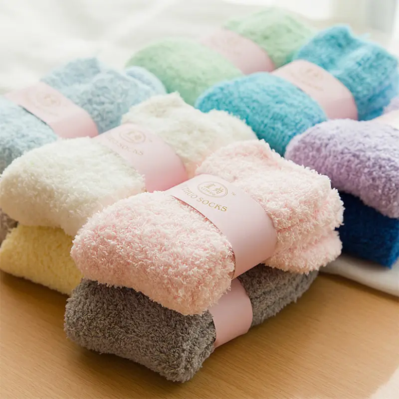 Wholesale Bulk Custom Logo Winter Warm Long Socks Luxury Floor Solid Color Cute Crew Fuzzy Socks Soft Fluffy Socks