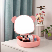 Miroir de table portable en plastique de grande taille avec boîte de rangement, miroir de coiffeuse à oreilles d'ours à une seule face, maquillage cosmétique personnalisé
