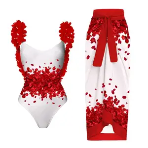 2023 New Appliques Red Floral Print One Piece Swimsuit and Sarong 2PCS Set for Women Ruffle Strap Beachwear Cover Up Skirt