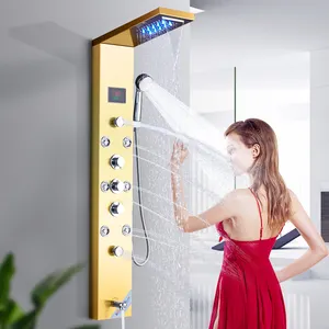 Gold Nickel Digital Shower Panel Column LED Rain Waterfall Shower Massage SPA Jets Tub Spout 3 Handles Mixer Tap Digital