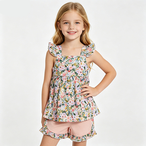Nouvel Arrivage Ensemble Court pour Fillettes avec Broderie Pastèque, Haut Tunique à Manches Volantées Rayées et Short en Coton Rouge Décontracté - Product Image 6