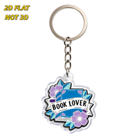 Porte-clés en acrylique pour les amoureux des livres, Livre bleu avec fleurs violettes et bannière, Breloque à bord transparent, Anneau métallique + Chaîne, pour clés ou fermeture éclair de sac