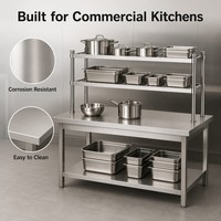 Table de préparation de cuisine en acier inoxydable SUS304, 2 niveaux de rangement, capacité de charge de 500 kg/m, finition polie pour usage commercial, durable