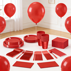 Service de table blanc et or 175 pièces pour 25 invités, comprenant 50 assiettes à bord doré, 75 couverts en plastique argentés, 75 gobelets en plastique dorés, 75 serviettes et 75 fourchettes rouges. - Product Image 1