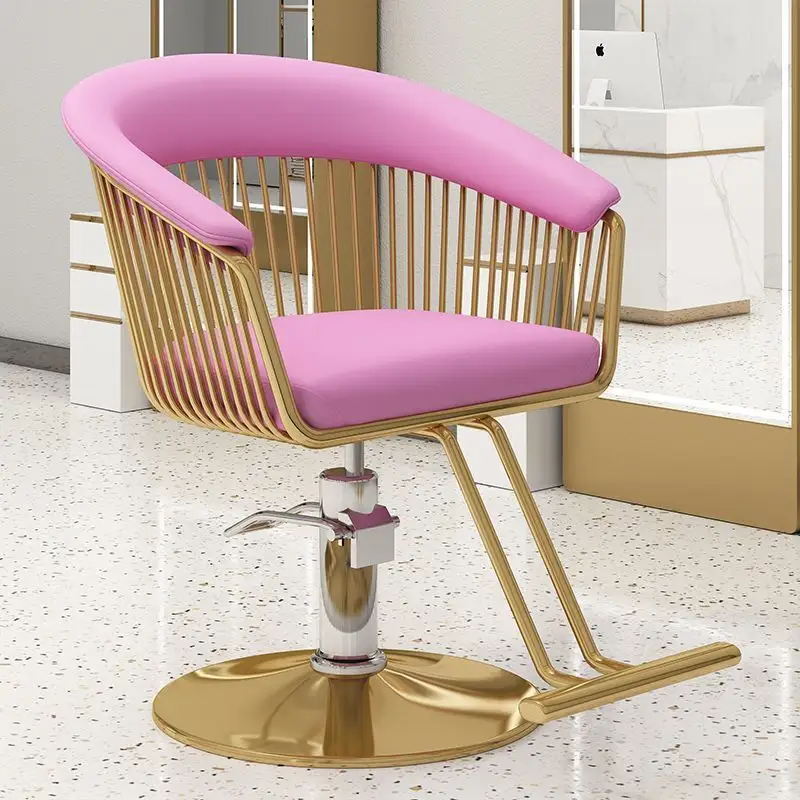 Venta caliente rosa pu cuero copetudo estilo silla de peluquería oro base redonda salón silla de peluquero para mujer