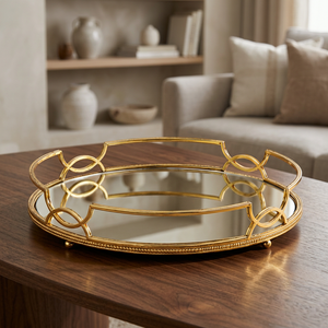 Plateau décoratif ovale en laiton, surface miroir, style glamour, cadre en métal - Product Image 1