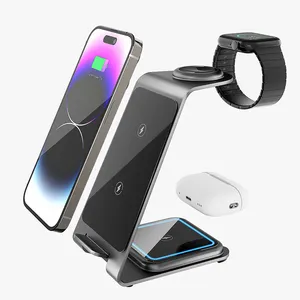 Aluminium Alloy Fast Charge 15W 3 in 1 Desktop Wireless Charging Stand for iPhone Android Phone Airpods iWatch Smart Watch