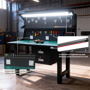 Table de travail réglable en hauteur avec 4 moteurs, capacité de charge de 300 kg, 4 pieds, poste de travail électrique, bureau debout avec tiroir, panneau perforé, lumière et prise - Product Image 2