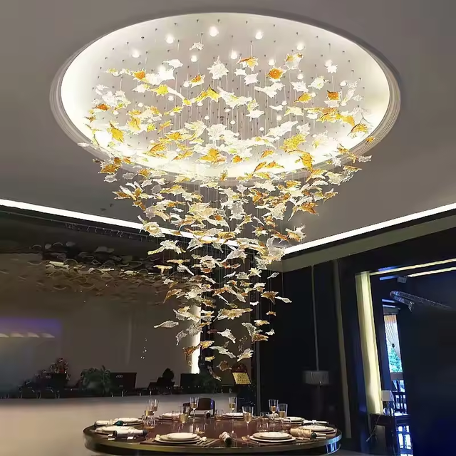 Art Murano Maple Gold Leaves Shape Hotel Lobby Banquet Hall Lighting Customized Glass Pendant Light Bespoke Stainless Steel LED