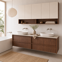 Meuble-lavabo mural moderne en noyer sur mesure avec double vasque et rangement intégré