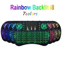 Keyboard Mini I8 lampu latar 7 warna, baterai dapat diisi ulang, tetikus udara nirkabel 2.4G, Keyboard Rusia Arab untuk kotak TV