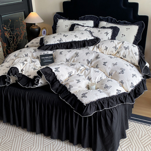French Retro Princess Style <b>Bedding</b> <b>Set</b> All Cotton Duvet Cover With Bed Skirt Printed Butterfly Pattern Breathable Four Piece - Product Image 1
