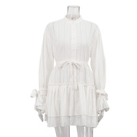 Robe courte élégante pour femme, col mandarin français personnalisé, dentelle, volants, manches longues